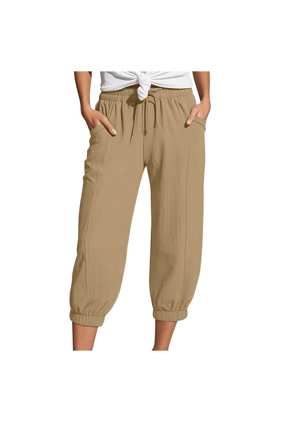 Fashion Straight Leg Casual High Waist Sports Loose Cropped Pants for Women with Elastic Waist and Pockets Capris C_Dark Khaki L