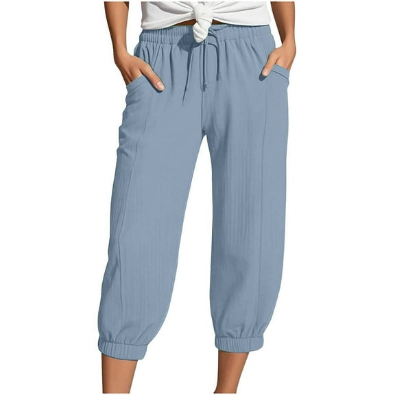 Ediodpoh Fashion Straight Leg Casual High Waist Sports Loose Cropped Pants for Women with Elastic Waist and Pockets Capris C_Light Blue S