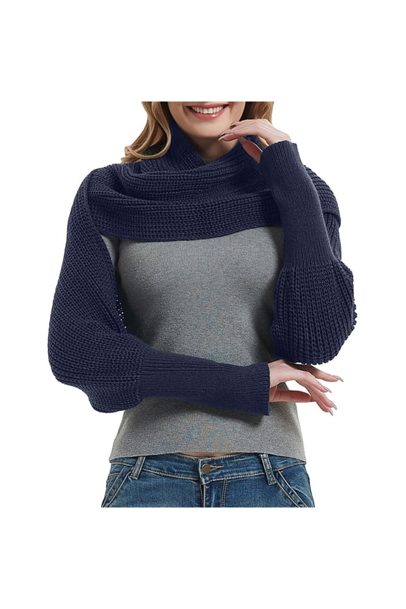 Fashion Winter Warm Solid Color Knitted Wrap Scarf Crochet Thick Shawl Cape with Sleeves for Women Navy