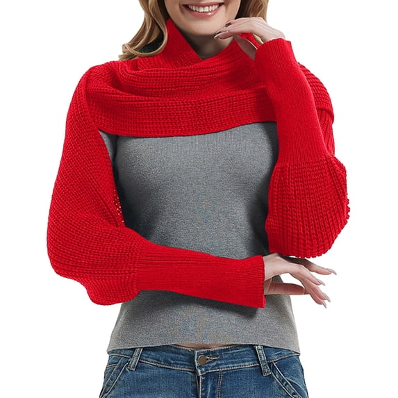 Fgnfyis Fashion Winter Warm Solid Color Knitted Wrap Scarf Crochet Thick Shawl Cape with Sleeves for Women Red