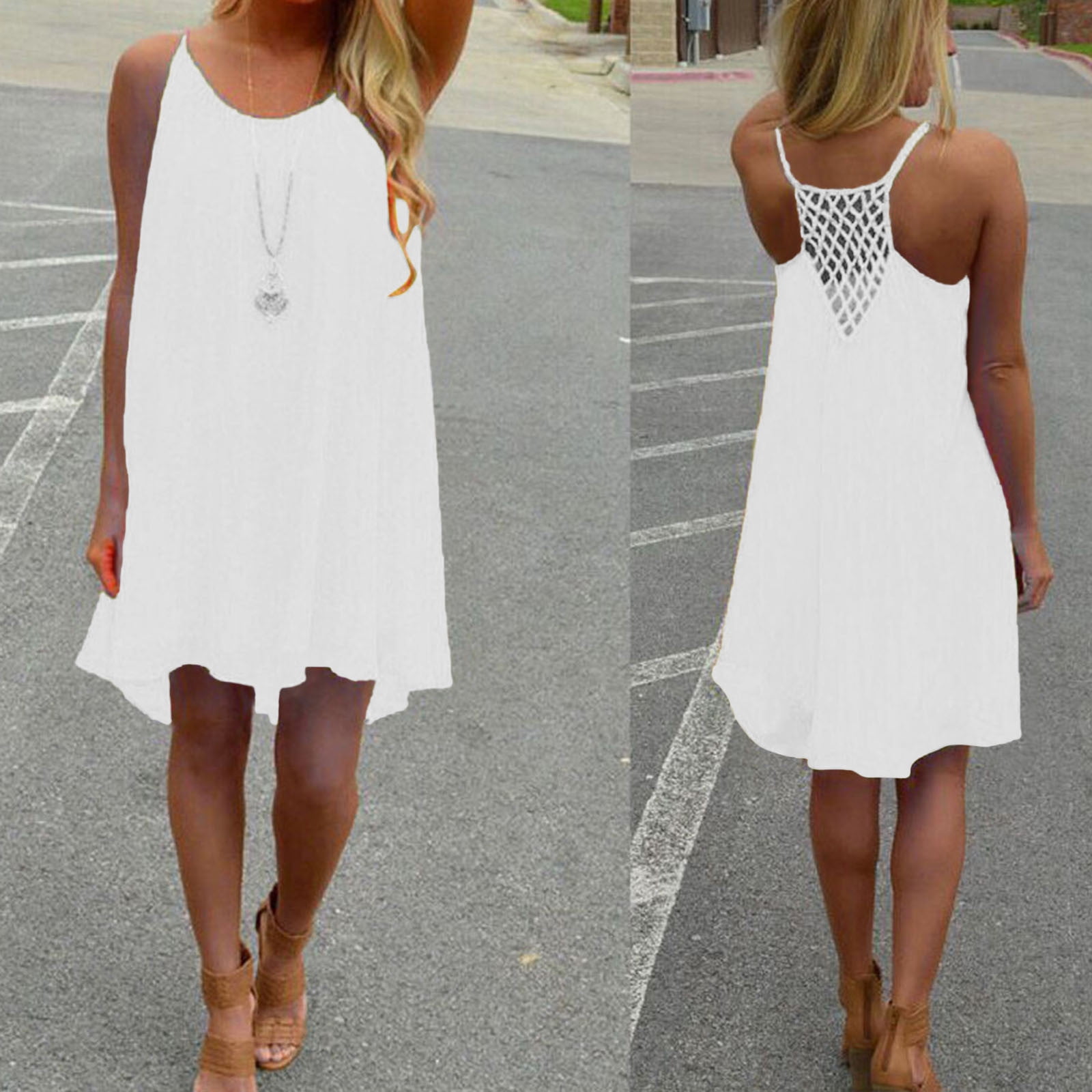 Ediodpoh Fashion Women Spaghetti Strap Back Howllow Out Summer Chiffon Beach Short Dress Casual Long Sleeve Short Dress Fancy Dresses for Women Petite