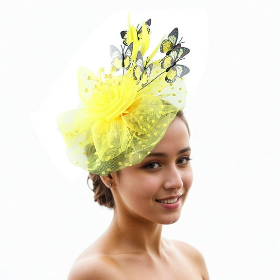 Ediodpoh Feather Headband for Women Elegant Mesh Party Hat for Special Events and Performances Yellow