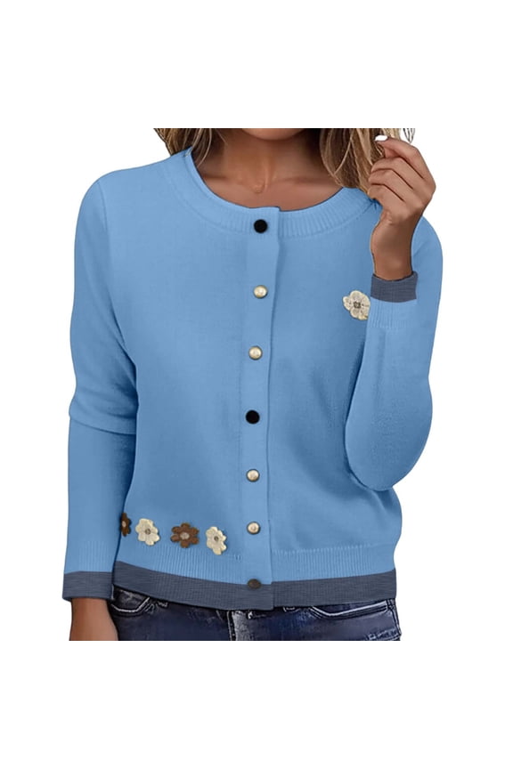 Floral Heart Buttons Knitted Cardigan for Women Short Sleeve Round Neck Cropped Sweater Outerwear Lightweight Fall Top Blue