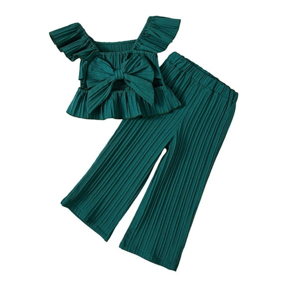 Ediodpoh Kids Casual Set Girls Outfits Set Toddler Summer Casual Bow Tie Blouse with Elastic Waist Playful Romper for Daily Wear Age 2 9 Girls Outfits Green 6-7 Years