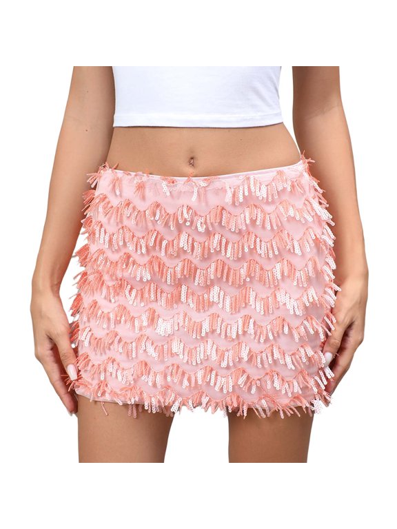 Ediodpoh Glitter Skirt Sequin Midi Skirt for Party Wear Stretchy High Waist with Slit Detail Skirts for Women Orange S