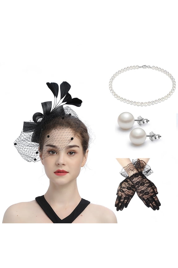 Hats for Women Bow Top Hat for Tea Party Wedding with Lace Gloves and Earrings Set Black