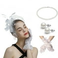 thumbnail image 1 of Ediodpoh Hats for Women Bow Top Hat for Tea Party Wedding with Lace Gloves and Earrings Set White, 1 of 5