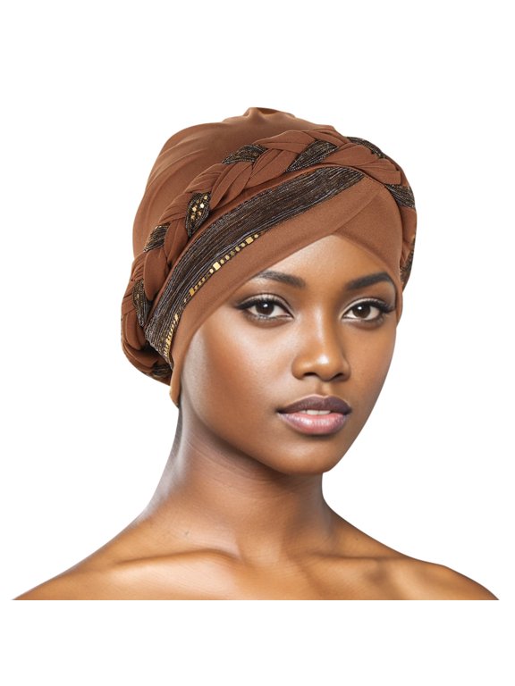 Head Hat Cap Ethnic Bohemian Floral Hair Cover with Sequins Braids for Women Fashion Turban H