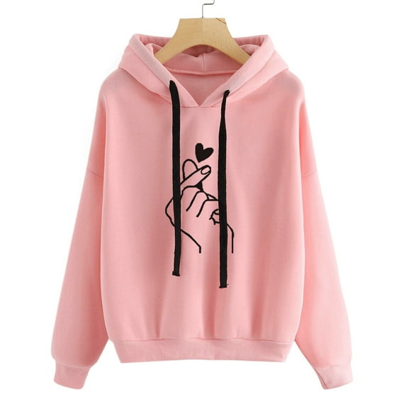 Ediodpoh Heart Print Hooded Pullover Long Sleeve Tops for Women Casual Sweatshirt Blouse Womens Hoodies Pink L