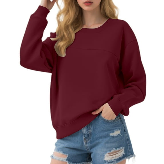 Fgnfyis Heavyweight Crewneck Sweatshirt for Oversized Color No Hood Pullover with Contrast Panels Casual Streetwear Top Womens Sweatshirts Red L