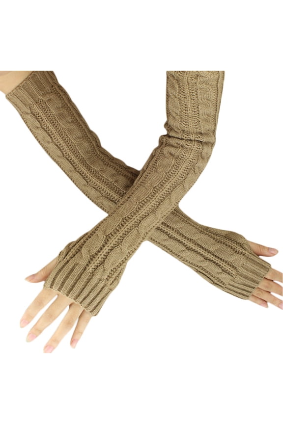 Hemp Flowers Fingerless Knitted Long Gloves Khaki Khaki One Size