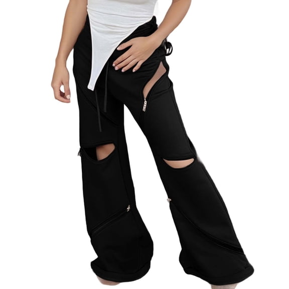 Ediodpoh High Waist Casual Elastic Drawstring Loose Fit Sporty Womens Pants with Multiple Zippers for Fall Winter Comfort Black S