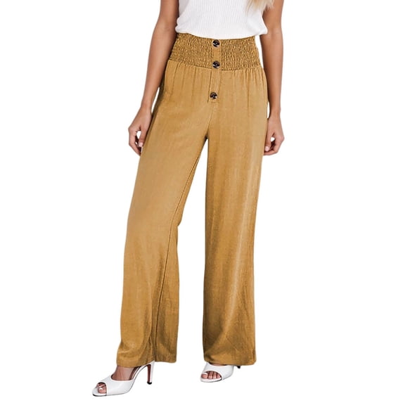 Ediodpoh High Waist Elastic Wide Leg Solid Color Womens Pants Comfortable Stretchy Everyday Wear Loose Fit Casual Long Pants Khaki M