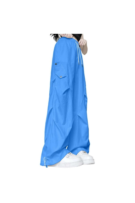High Waist Loose Fit Straight Leg Parachute Pants for Summer Fall Comfortable Outdoor Travel Workout Womens Pants Blue S