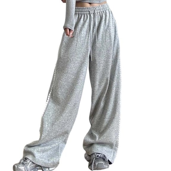 Ediodpoh High Waist Straight Leg Casual Pants Lace Trim Comfortable Wide Leg Sweatpants for Women for Yoga Workout Running Grey S