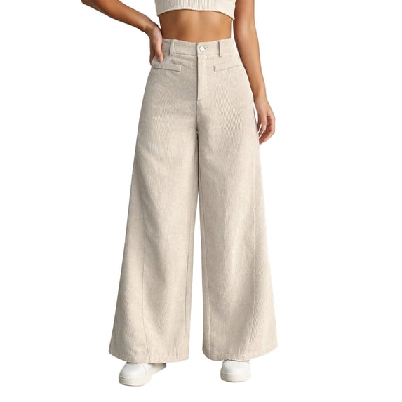 Fgnfyis High Waist Wide Leg Corduroy Pants Women Soft Palazzo Pants with Pockets Comfortable Elastic Waistband Casual Trousers Beige M