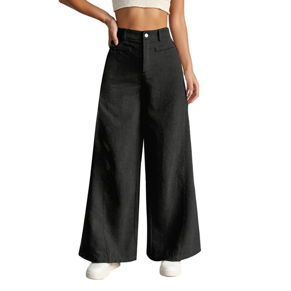 Ediodpoh High Waist Wide Leg Corduroy Pants Women Soft Palazzo Pants with Pockets Comfortable Elastic Waistband Casual Trousers Black S