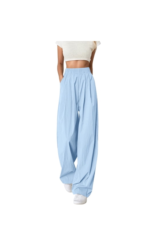 High Waisted Loose Fit Wide Leg Comfortable Elastic Waist Flowy Womens Pants for Daily Wear Spring Summer Fall Blue M