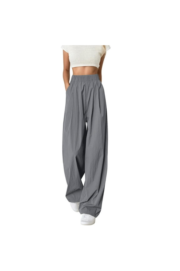 High Waisted Loose Fit Wide Leg Comfortable Elastic Waist Flowy Womens Pants for Daily Wear Spring Summer Fall Grey M