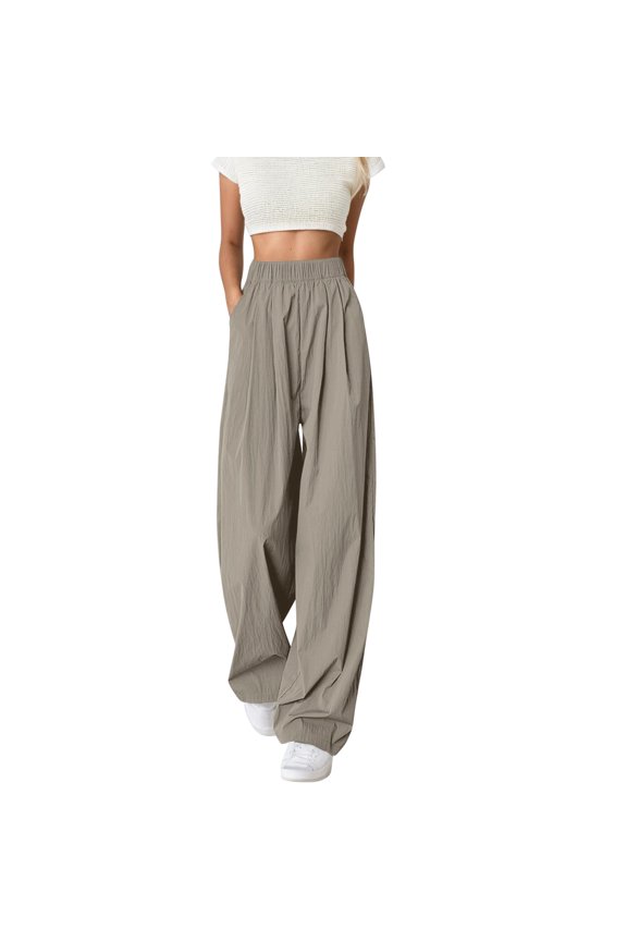 High Waisted Loose Fit Wide Leg Comfortable Elastic Waist Flowy Womens Pants for Daily Wear Spring Summer Fall Khaki M
