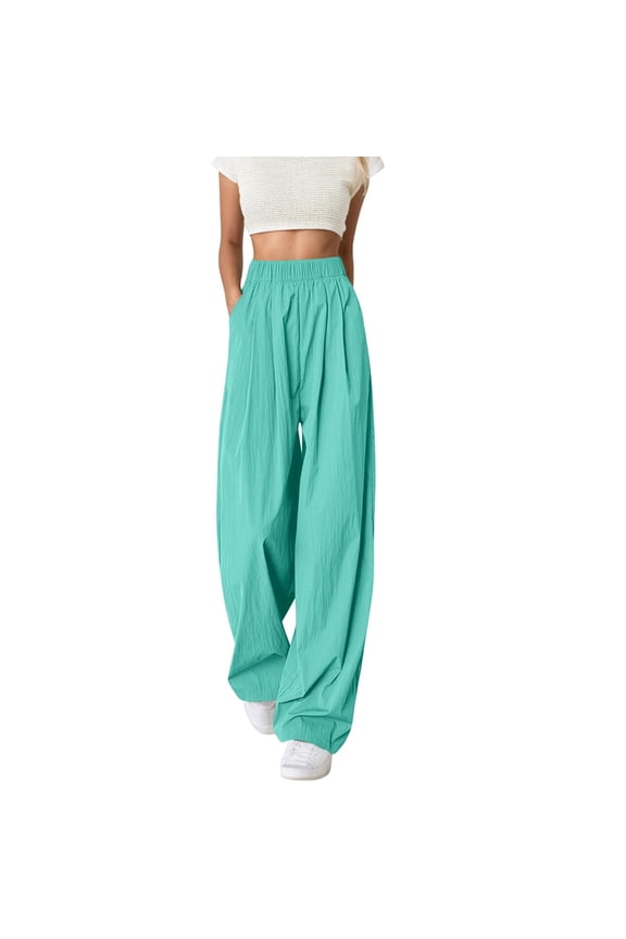 High Waisted Loose Fit Wide Leg Comfortable Elastic Waist Flowy Womens Pants for Daily Wear Spring Summer Fall Mint Green M