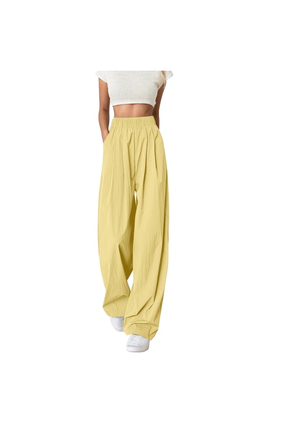 High Waisted Loose Fit Wide Leg Comfortable Elastic Waist Flowy Womens Pants for Daily Wear Spring Summer Fall Yellow M