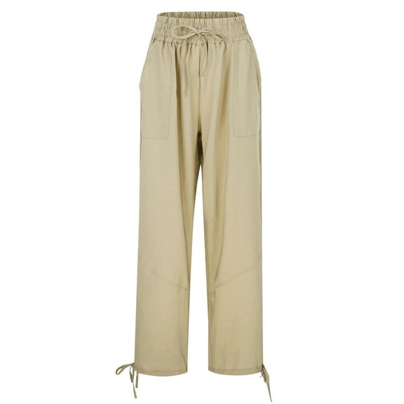 Ediodpoh High Waisted Wide Leg Elastic Waistband Solid Color Pocket Womens Pants Comfortable Loose Fit Casual Pants for Spring Summer Fall Khaki L