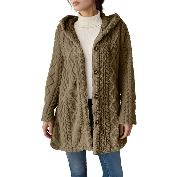 Ediodpoh Hooded Button Down Cardigan for Women Long Sleeve Casual Outerwear Solid Color Lightweight Knit Sweater Jacket Coffee XXXL