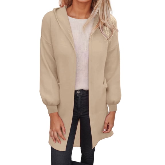 Ediodpoh Hooded Cardigan Sweaters for Women Fall Open Front Knit Winter Outerwear with Pockets Soft and Warm Beige L
