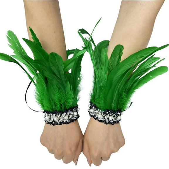 Ediodpoh Imitation Pearl Feather Sleeves Solid Color Wrist Decoration for Halloween Masquerade Party Mint Green