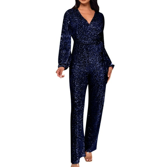 Riforla Casual Jumpsuit Long Sleeve Belted Sequin Jumpsuit Jumpsuits for Women Dark Blue M