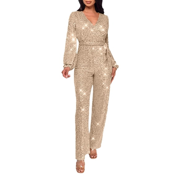 Ediodpoh Jumpsuits for Women Casual Jumpsuit Long Sleeve Belted Sequin Jumpsuit Womens Jumpsuits Gold XL