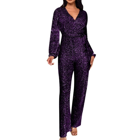 Ediodpoh Jumpsuits for Women Casual Jumpsuit Long Sleeve Belted Sequin Jumpsuit Womens Jumpsuits S