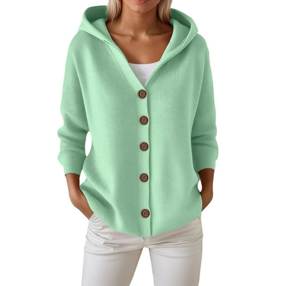 Ediodpoh Knitted Hooded Cardigan for Women Coat with Buttons Pure Color Casual and Fashionable for Autumn and Winter Green M