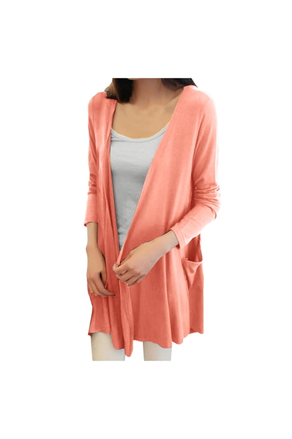 Korean Style Long Cardigan for Women Long Sleeve Thin Spring Summer Autumn Pocket Jacket Pink