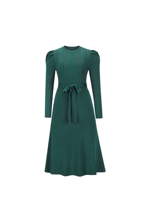 Ladies' Autumn and Winter Long Sleeved Knitted Skirt Mid Length Style High Waist Big Swing Dress Base Woolen Dress Sweater Dresses Green S