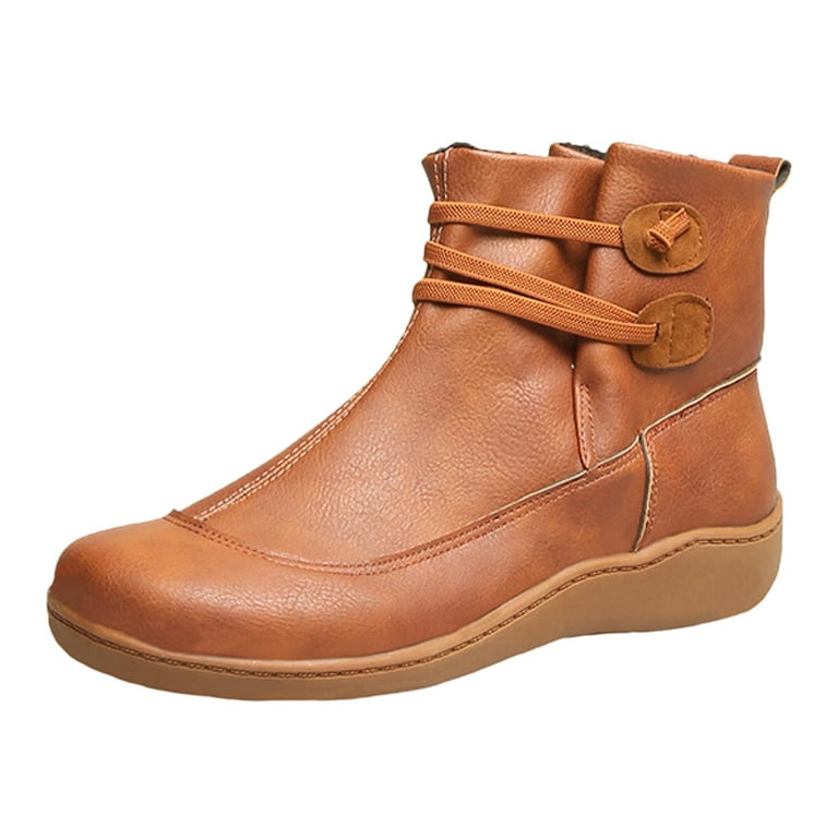 Ediodpoh Ladies Casual Solid Color Lace up Large Size Flat Bottom Low Wide Mouth Set Foot Ankle Boots Short Boots Womens Boots Brown 9 Walmart