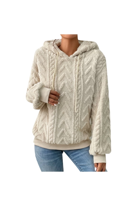 Ladies Drop Shoulder Drawstring Hooded Teddy Long Sleeve Casual Pullover Sweater Womens Hoodies Beige S