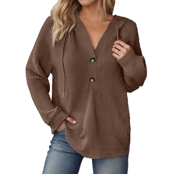Ediodpoh Ladies' European and Knitted Drawstring Button V Neck Long Sleeved Hoodie Hoodies for Women Brown L