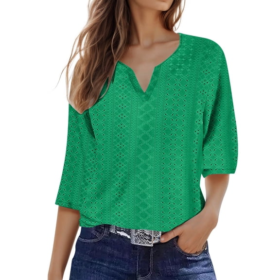 Ediodpoh Ladies' Fashionable Solid Color V Neck Three Quarter Sleeve Shirt Top Tshirts Shirts for Women Green XXL
