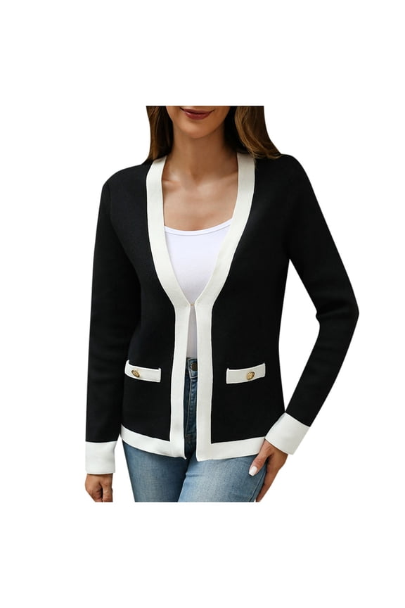 Ediodpoh Ladies’ French Style Jacket Casual Contrasting Color V Neck Knitted Cardigan for Women Black M