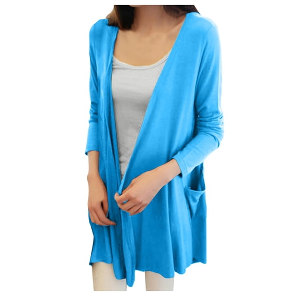 Ediodpoh Long Cardigan for Women Long Sleeve Thin Spring Summer Autumn Pocket Open Front Jacket Sky Blue