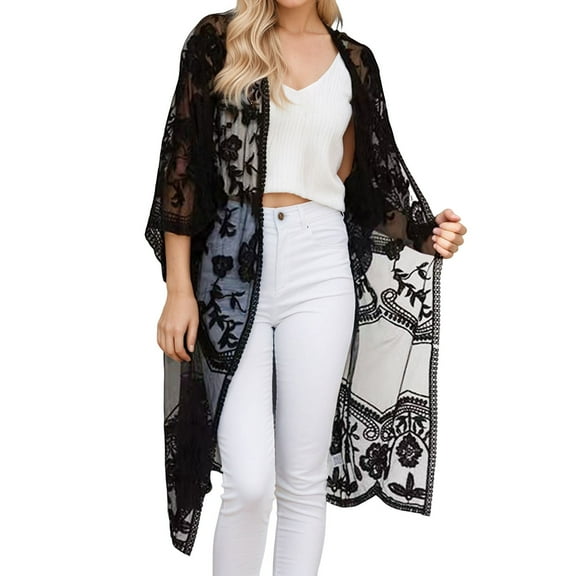 Ediodpoh Long Cardigans for Women Long Flowy Lace Kimono Cardigan Open Style Beach Cover Ups Embroidered Black
