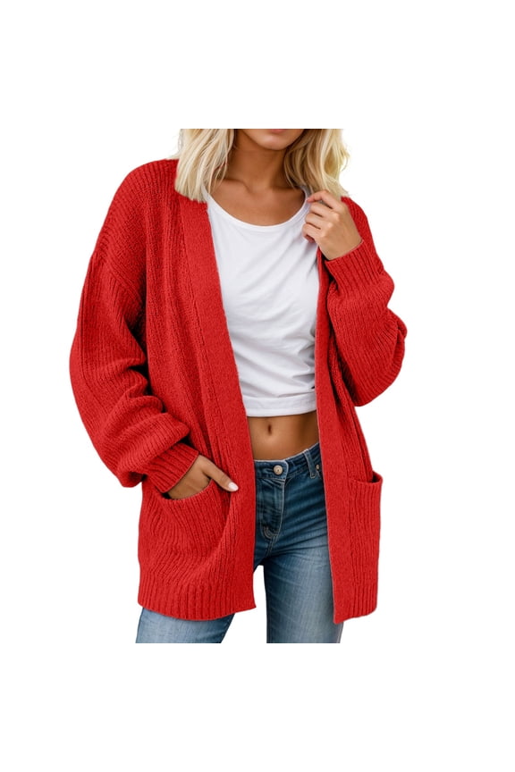 Ediodpoh Long Cardigans for Women Loose Fit Open Front Knit Sweater with Pockets Soft Comfortable Casual Coat for Autumn Winter Red S