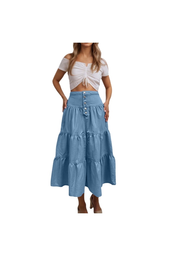 Long Denim Skirt Women's High Waist Flowy Ruffle Pleated Tiered A Line Maxi Skirt for Streetwear Holiday Casual Women's Skirts Blue M