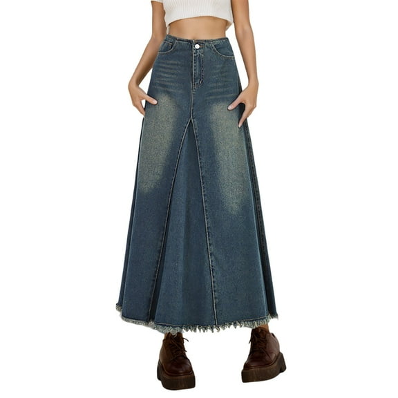 Ediodpoh Long Jean Skirt Women's A Line Denim Skirt with Pockets Washed Edge High Waist Midi Skirts for Women Blue XXL