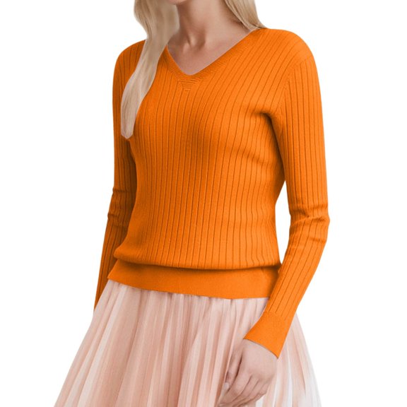 Ediodpoh Long Sleeve Shirts for Women V Neck Casual Spring Tops Ribbed Knit Slim Fit Knit Tops for Women Lightweight Pullover Sweaters Orange XXL
