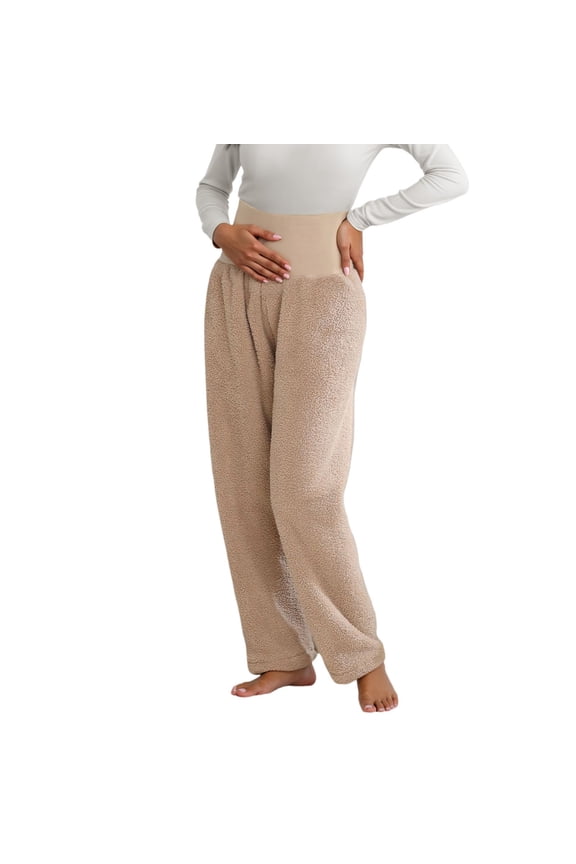Maternity Sleep Pants High Waisted Thermal Pajama Pants Women Soft Lined Pregnancy Comfort Pants with Belly Support Khaki M