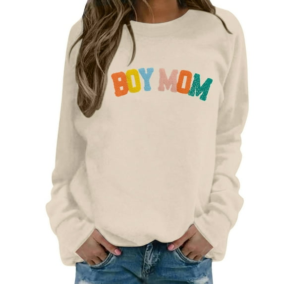 Ediodpoh Mom Life Sweatshirt for Women Long Sleeve Alphabet Print Embroidered Round Neck Pullover Top Beige XL