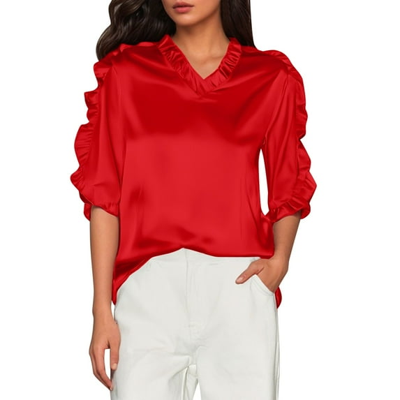 Ediodpoh Name Women's Summer Solid Color Short Sleeve Ruffle Collar V Neck Blouse Women's Tops Red S